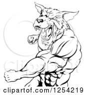 Poster, Art Print Of Black And White Punching Muscular Wolf Man Mascot