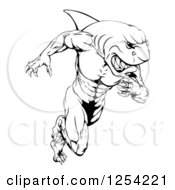 Clipart Of A Black And White Muscular Shark Man Mascot Running Royalty Free Vector Illustration
