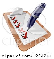 Clipart Of A Blue Pen Checking On Items On A Clipboard Royalty Free Vector Illustration by AtStockIllustration