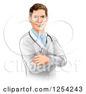 Clipart Of A Handsome Caucasian Male Doctor With Folded Arms Royalty Free Vector Illustration