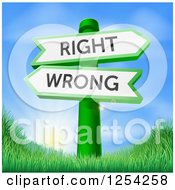 Clipart Of Directional Wrong And Right Signs Over A Sunrise And Grassy Hill Royalty Free Vector Illustration by AtStockIllustration