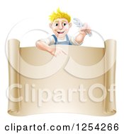 Happy Blond Mechanic Man Holding A Wrench Over A Scroll Sign