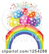 Poster, Art Print Of Rainbow Arch And Colorful Polka Dot Party Balloons With Confetti Over Blue And White