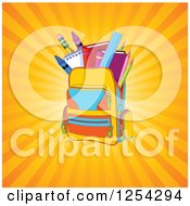 Poster, Art Print Of Backpack Full Of School Supplies Over Rays