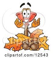 Clipart Picture Of A Sink Plunger Mascot Cartoon Character With Autumn Leaves And Acorns In The Fall