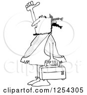 Clipart Of A Black And White Hitchhiking Caveman Holding Luggage Royalty Free Vector Illustration