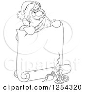 Clipart Of Black And White Santa Claus Holding A Feather Quil And Scroll Royalty Free Vector Illustration