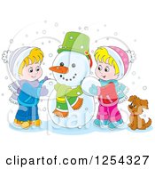 Blond Caucasian Children Making A Snowman