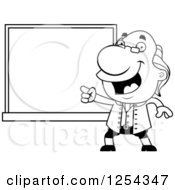 Clipart Of Black And White Benjamin Franklin Pointing To A Chalkboard Royalty Free Vector Illustration