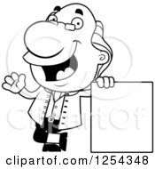 Clipart Of Black And White Benjamin Franklin Waving By A Blank Sign Royalty Free Vector Illustration