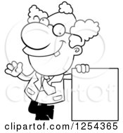 Clipart Of A Black And White Mad Scientist Waving By A Blank Sign Royalty Free Vector Illustration
