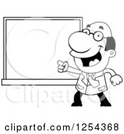 Clipart Of A Black And White Scientist Pointing To A Chalk Board Royalty Free Vector Illustration by Cory Thoman