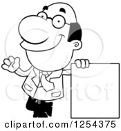 Clipart Of A Black And White Happy Scientist Waving By A Blank Sign Royalty Free Vector Illustration