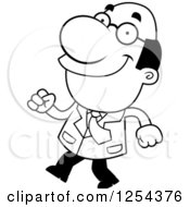 Clipart Of A Black And White Happy Scientist Walking Royalty Free Vector Illustration