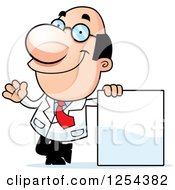 Clipart Of A Happy Scientist Waving By A Blank Sign Royalty Free Vector Illustration