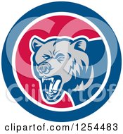 Clipart Of A Retro Woodcut Grizzly Bear Roaring In A Red White And Blue Circle Royalty Free Vector Illustration by patrimonio