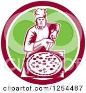 Clipart Of A Retro Woodcut Chef With A Pizza On A Peel In A Green And Red Circle Royalty Free Vector Illustration