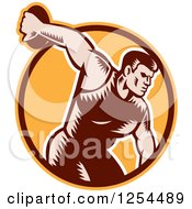 Retro Woodcut Male Discus Thrower In An Orange And Brown Circle