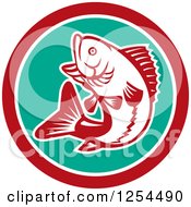 Clipart Of A Retro Woodcut Largemouth Bass Fish Jumping In A Turquoise And Red Circle Royalty Free Vector Illustration