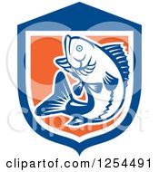 Retro Woodcut Largemouth Bass Fish Jumping In A Blue And Orange Shield
