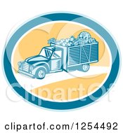 Poster, Art Print Of Retro Woodcut Produce Delivery Truck In A Yellow And Blue Oval