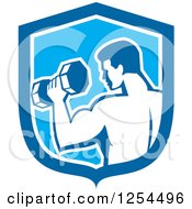 Clipart Of A Retro Bodybuilder Doing Bicep Curls With A Dumbbell In A Blue Shield Royalty Free Vector Illustration