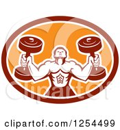 Clipart Of A Retro Buff Bodybuilder Lifting Heavy Weights In A Red And Orange Oval Shield Royalty Free Vector Illustration