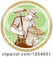 Poster, Art Print Of Retro Male Farmer Carrying A Harvest Bushel Bucket And Rake In A Brown And Green Circle