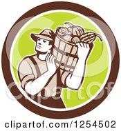 Retro Male Farmer Carrying A Harvest Bushel Bucket In A Brown And Green Circle