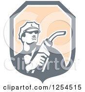 Clipart Of A Retro Gas Station Attendant Jockey Holding A Nozzle In A Shield Royalty Free Vector Illustration by patrimonio