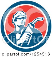 Clipart Of A Retro Gas Station Attendant Jockey Holding A Nozzle In A Red White And Blue Circle Royalty Free Vector Illustration