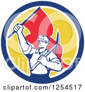 Clipart Of A Retro Male Coal Miner Holding A Pickaxe And Red Flag In A Circle Royalty Free Vector Illustration