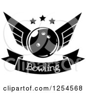 Clipart Of A Black And White Retro Winged Bowling Ball With Stars Over A Banner Royalty Free Vector Illustration