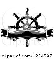 Clipart Of A Black And White Blank Ribbon Banner Over A Helm Royalty Free Vector Illustration
