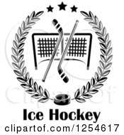 Clipart Of Black And White Ice Hockey Sticks And A Puck Over A Goal And Text In A Laurel Wreath Royalty Free Vector Illustration