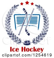 Clipart Of Ice Hockey Sticks And A Puck Over A Goal And Text In A Laurel Wreath Royalty Free Vector Illustration