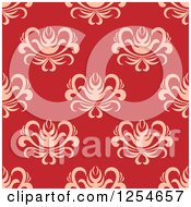 Clipart Of A Seamless Pattern Background Of Pink Flowers On Red Royalty Free Vector Illustration
