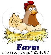Poster, Art Print Of Happy Hen Nesting On Eggs Over Farm Text