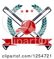 Poster, Art Print Of Red Baseball Cap Over Crossed Bats In A Laurel Wreath With A Blank Banner