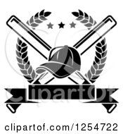 Black And White Baseball Cap Over Crossed Bats In A Laurel Wreath With A Blank Banner