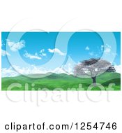 3d Widescreen Landscape With A Cherry Tree And Lush Green Hilly Valley