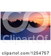 Clipart Of A 3d Ocean Sunset With Mountains Royalty Free Illustration