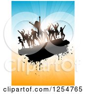 Poster, Art Print Of Group Of Silhouetted Dancers Over Blue And Orange Rays And Flares