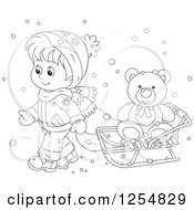 Poster, Art Print Of Black And White Boy Pulling A Teddy Bear On A Sleigh
