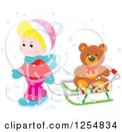 Poster, Art Print Of Blond White Boy Pulling A Teddy Bear On A Sleigh