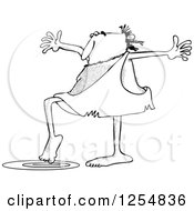 Clipart Of A Black And White Caveman Testing Water With A Toe Royalty Free Vector Illustration