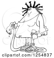 Clipart Of A Black And White Caveman Woman Carrying A Dead Snake Royalty Free Vector Illustration