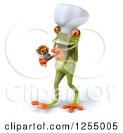 Clipart Of A 3d Green Frog Chef Eating Fries Royalty Free Illustration