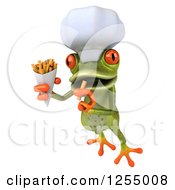 Clipart Of A 3d Green Frog Chef Jumping And Eating Fries Royalty Free Illustration