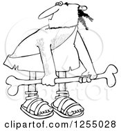 Clipart Of A Black And White Hairy Caveman Carrying A Big Bone Royalty Free Vector Illustration